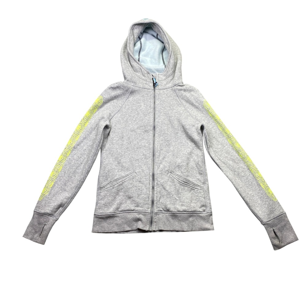 Ivivva Lululemon Girls Gray‎ Full Zip Hoodie Neon Yellow Lace Sleeve Size 14